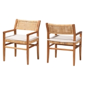 bali & pari Chatura Natural Rattan and Mahogany Wood 2-Piece Dining Armchair Set - Handwoven Wicker Dining Chair with Angled Back, Coastal Boho Seating for Dining or Kitchen